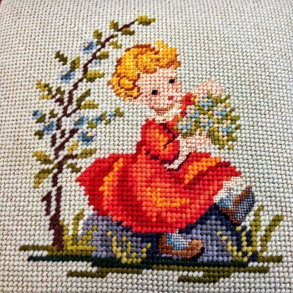 VTG Framed Little Blonde Girl Needlepoint Square Wall Decor Garner Muscatine, IA - Picture 3 of 11